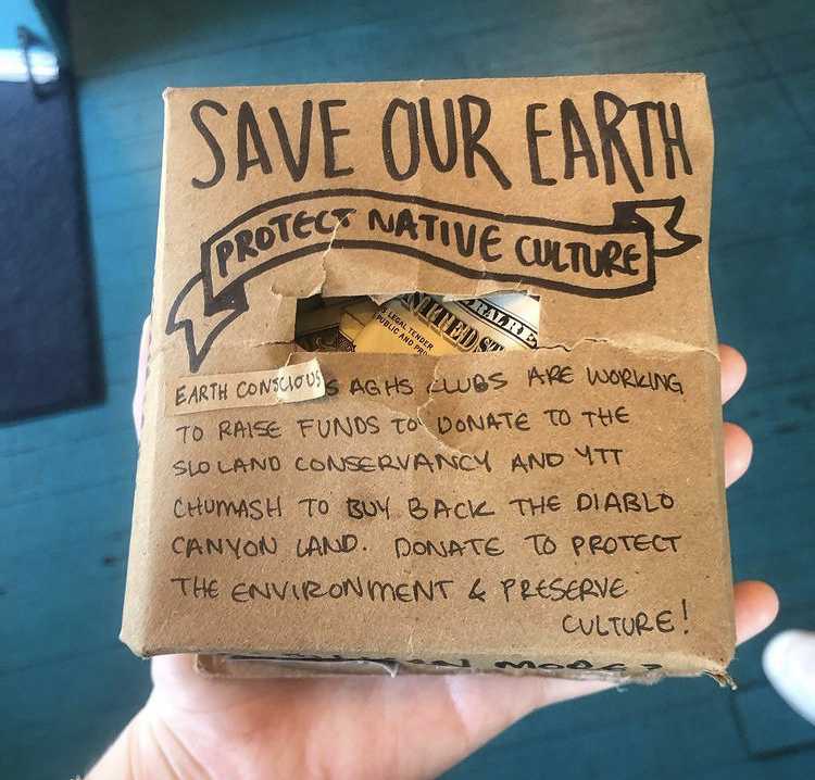Close up image of a donation box made by Sustainability Club