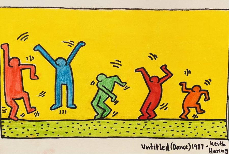 A recreated version of Keith Harings Untitled (Dance) 1987 to get readers excited about dancing to the new music they may find through this article