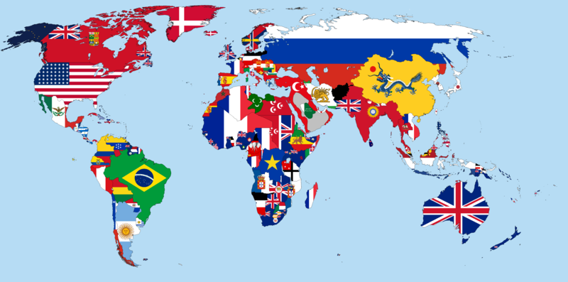 Map of the World made out of flags, demonstrating the size of the world and number of countries in comparison to America.