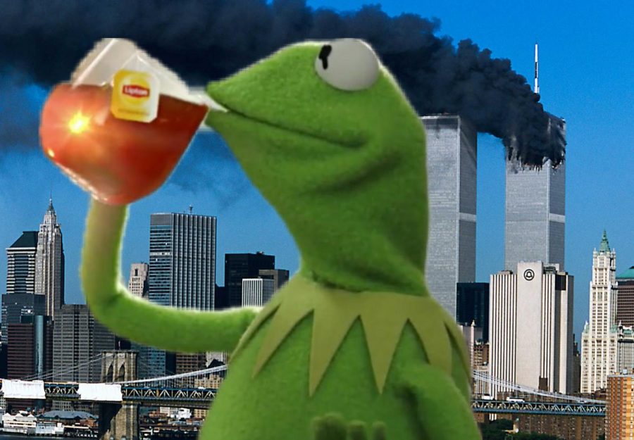 Kermit T. Frog sipping tea infront of the twin towers