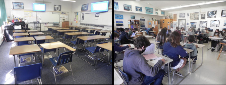 How a class may have looked like during distance learning, and now with the return to school.