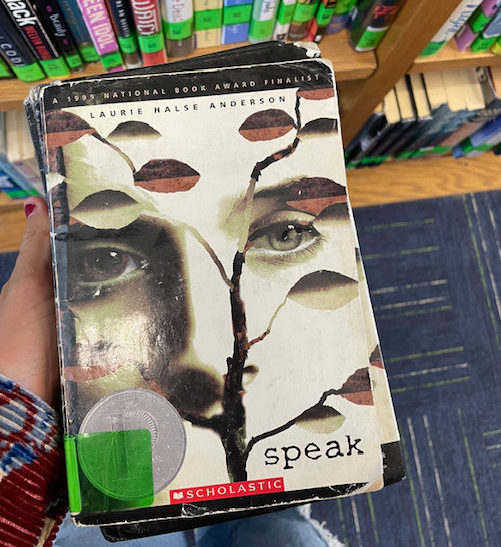 The front cover of AGHS library's copy of Laurie Halse Anderson's Speak