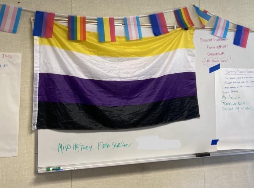 Pride flags are strung all around the classroom for GSA meetings.