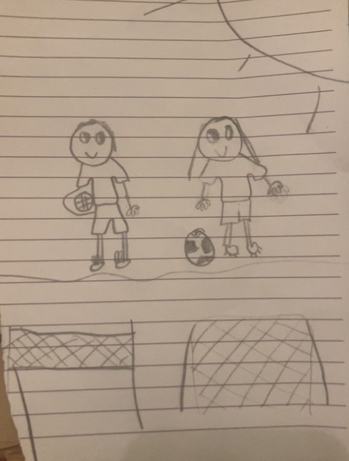 A drawing of fraternal boy and girl twins. The boy, like Josiah, plays volleyball. The girl, like Symphony, plays soccer. 