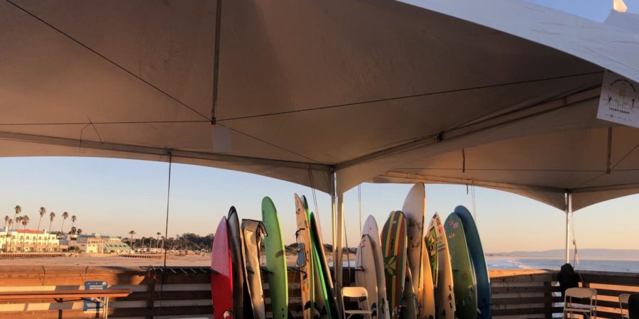 Surfboards line the pier after day four of the competition.