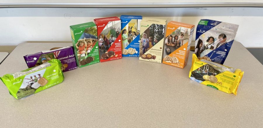 Our display of nine Girl Scout cookie flavors available