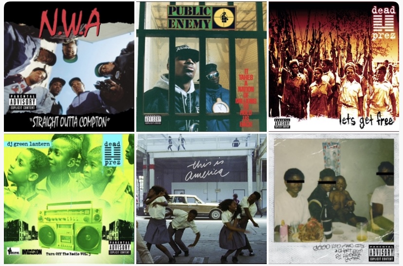 Collage of hop-hop and rap albums from groups and artists mentioned throughout the article. 
Photo collage courtesy of Sofia Perrine under Fair use