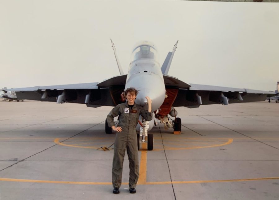 Dietrich poses in front of her F/A-18F Super Hornet. 