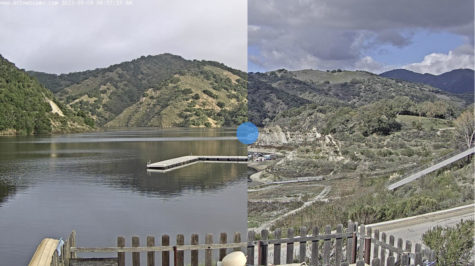 Side by side comparisons show the dramatic increase in water levels at Lopez Lake. (Screenshot from 805 webcams)