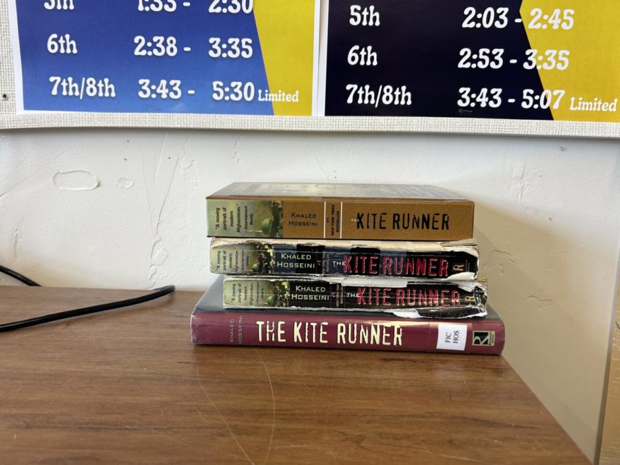 A stack of The Kite Runner, assigned reading for Pre-AP English 10 sits in Mr. Callaghans classroom, waiting for eager students.