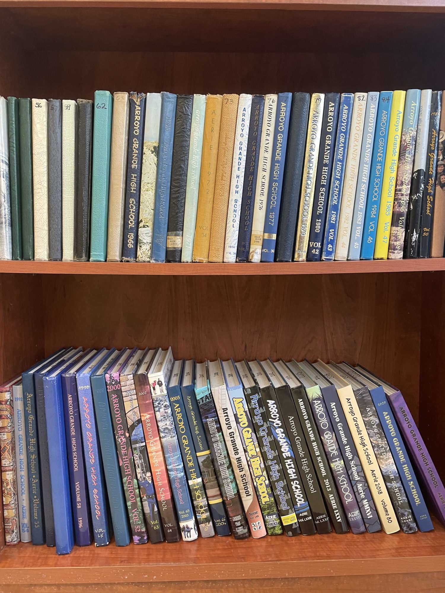 AGHS Yearbooks from the past are on display in the entrance to the front office.
