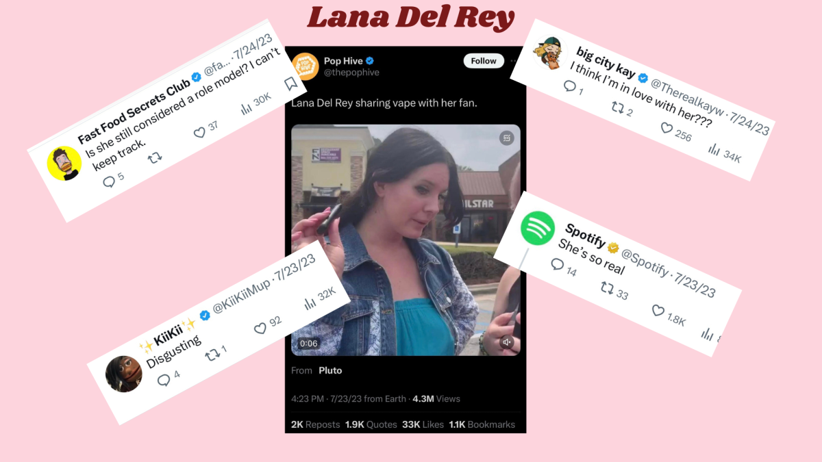 A post by Pop Hive on X (formally known as Twitter) showing Lana Del Rey hitting a vape given to her by a fan sparks controversy. Some fans support her in the comment, including Spotifys official account, while others ridicule her behavior.