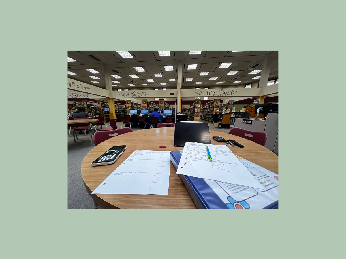 The Arroyo Grande Library is one of many alternatives to studying at home for students. Photo courtesy of Tristan Bird. Image created by Dakota Clark through Canva.