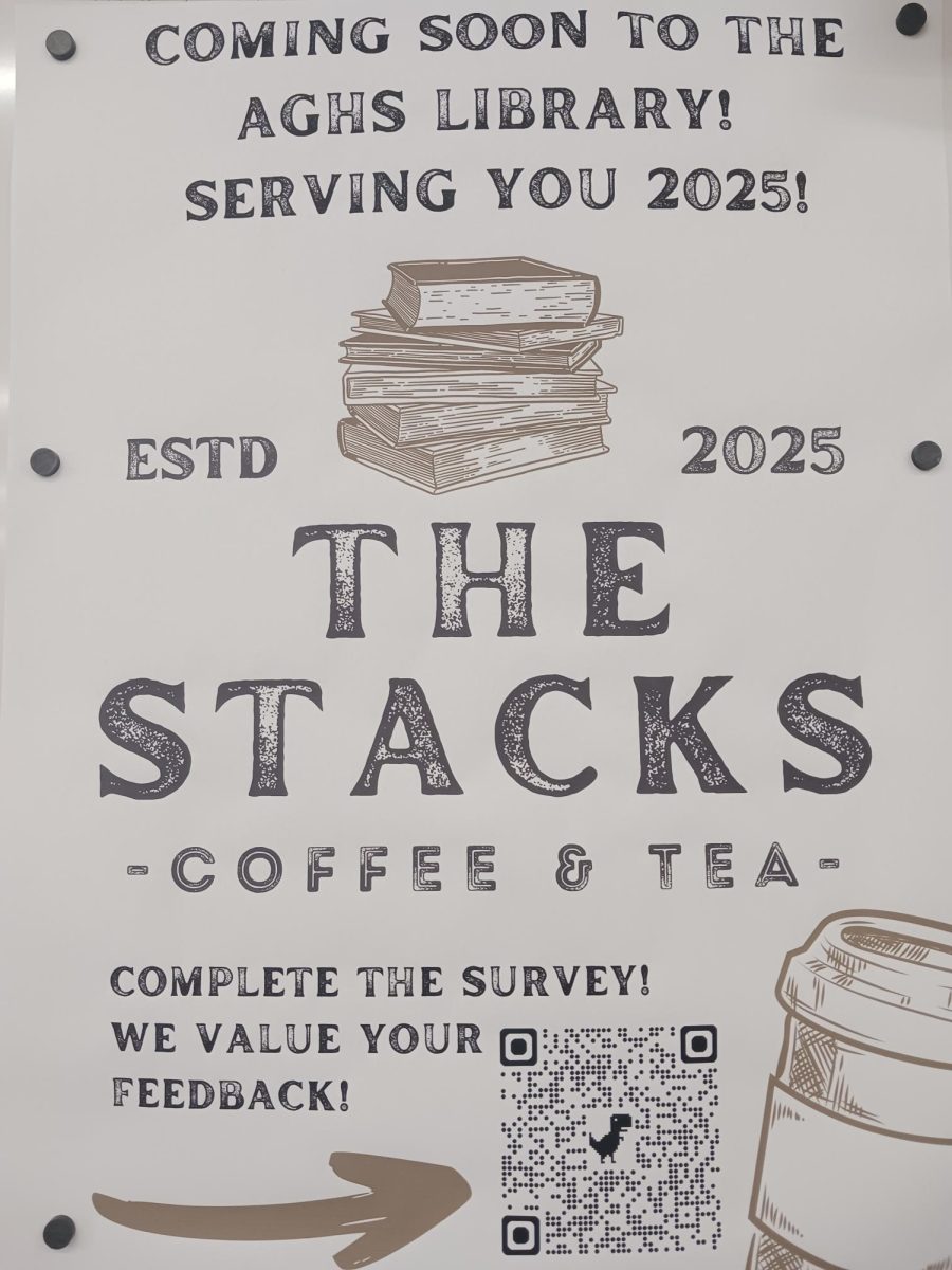 The poster advertising the estimated date of establishment of The Stacks coffee shop.