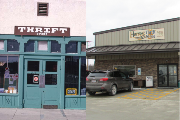 Then meets now: thrift stores from the past and present side by side. 