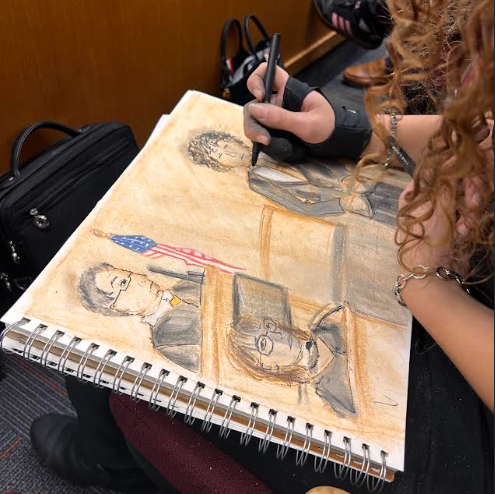 A drawing done by the team's courtroom artist. (Belen Lopez)