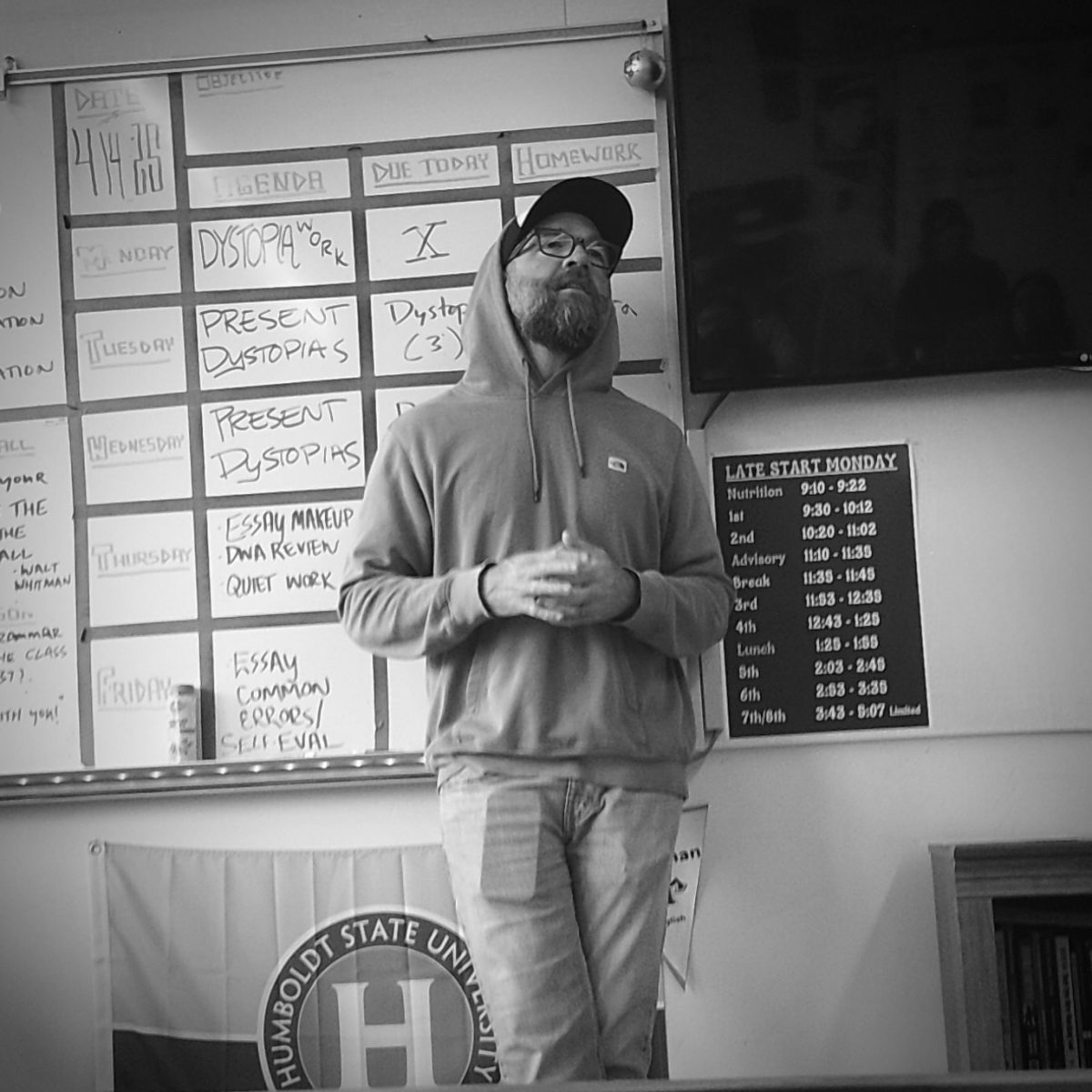 Monday, 2:55 p.m.-
Michael Callaghan lecturing his sixth period English students about their upcoming assignments.