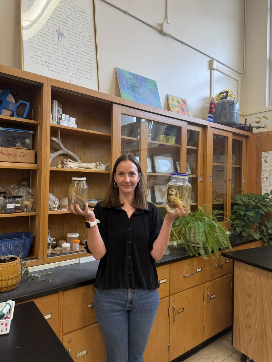 Katie Boos showing off unique relics in  AP environmental science (Room 707), at Arroyo Grande high school. 

